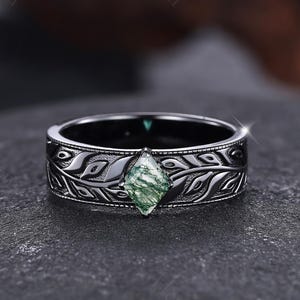Gothic black gold moss agate male leaf ring, nature inspired leaf engraved wedding band, leaf men wedding ring, statement ring gifts for him