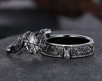 Gothic Black Rutilated Quartz Couple Wedding Rings Twig and Leaf Engagement Ring Bridal Promise Ring Anniversary Gifts for Men and Women