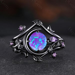 Vintage Round Purple Opal Engagement Ring Set 3pc Gemstone Wedding Rings Leaf Design Black Gold Opal Promise Ring Anniversary Gift for Her