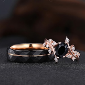 His and Hers Black Onyx Ring Sets 2PC Couple Ring Set Silver and Tungsten Matching Couples Ring Nature-inspired Rings Anniversary Rings