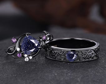 Heart Blue Sandstone Couples Ring Set Crescent Moon Amethyst Engagement Ring Leaf Engraved Men Ring His and Hers Matching Wedding Ring Gifts
