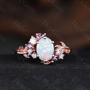 Oval Opal Ring, 14K Rose Gold, Silver Opal Ring, White Opal Ring, Opal Gemstone Ring, Amethyst Ring, Handmade Sterling Silver Jewelry