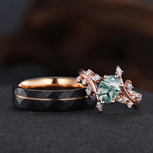 Vintage Green Moss Agate Couples Ring Rose Gold Matching Ring Set Promise Ring For Couple His and Hers Wedding Band Couple Engagement Rings