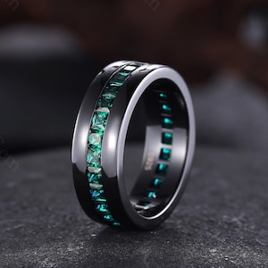 Emerald wedding band full eternity emerald ring gothic black gold men&#39;s engagement ring 7mm wedding band anniversary rings Personalized gift