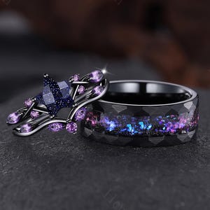 Galaxy Pentagram Blue Sandstone Couple Ring Set Black Purple Star Couple Rings Meteorite Celestial Gifts for Women Couples Matching Rings