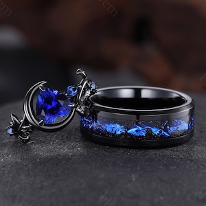 Unique Heart Shape Sapphire Couple Rings Gothic Sapphire & Galaxy Orion Nebula Couple Ring His and Hers Ring Nature-inspired Engagement Ring