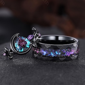 Galaxy Alexandrite Crescent Moon Couple Rings Black Gold Orion Nebula Wedding Ring Set Leaf Wedding Band Nature Inspired Engagement Rings