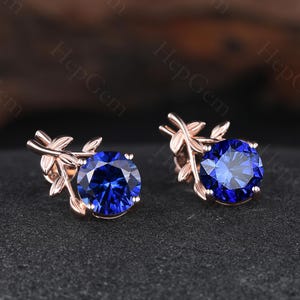 Sapphire earrings, dainty earrings, round sapphire earrings, flatback earrings, gift for her, leaf earrings for wedding, bridesmaid jewelry