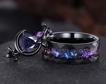 Galaxy Heart Blue Sandstone Crescent Moon Couple Rings Black Gold Orion Nebula Wedding Ring Nature Inspired Leaf Engagement Ring for Women