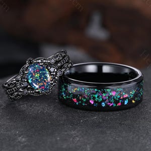 Gothic Black Opal Couple Ring Set 3pc Black Fire Opal Engagement Ring Promise Ring for Couple Opal Men&#39;s Wedding Bands Anniversary Gifts