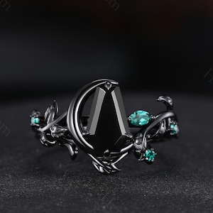 Retro Coffin Shape Black Onyx Engagement Ring Set Black Gold Onyx Wedding Set Rings for Women Nature Inspired Moon Stone Ring Gift for Her