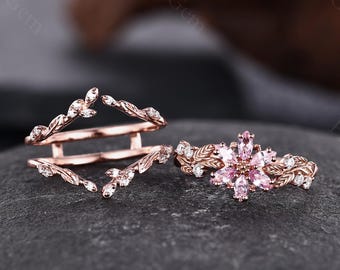 Nature Inspired Flower Pink Sapphire Engagement Ring Set Chevron Enhancer Diamond Stacking Rings Rose Gold Leaf Wedding Band Custom Jewelry
