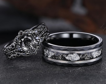 Conjunto de anéis de quartzo rutilado preto gótico para casais, 3 peças, anel de noivado de quartzo rutilado para mulheres, anel de compromisso para casais, aliança de casamento masculina