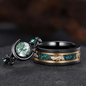 Vintage Natural Moss Agate Couples Ring Set His and Hers Matching Wedding Band Moon Design Engagement Ring Black & Emerald Tungsten Ring