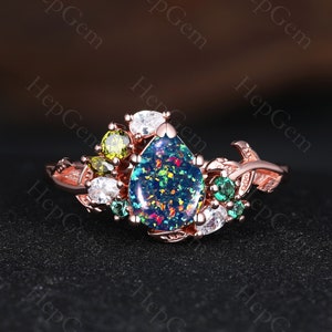 Natural Black Opal Ring Rose Gold Black Opal Ring Fire Opal Ring Emerald Ring Pear Black Opal Ring- October Birthstone Ring Gifts