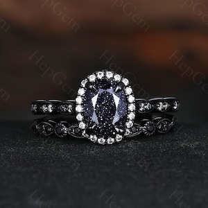 Vintage Galaxy Ring Set,Oval Blue Sandstone Engagement Ring Set, Black Gold Moissanite Ring,Curved Enhancer Anniversary Gift For Her