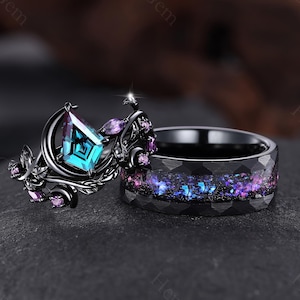 Kite Cut Alexandrite Amethyst Couple Rings Nature Inspired Leaf Engagement Rings Orion Nebula Wedding Ring for Women Wedding Gift for Couple