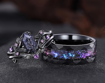 Galaxy Blue Sandstone Couple Rings Nature Inspired Leaf Engagement Rings Orion Nebula Wedding Rings for Men and Women Valentine's Day gift