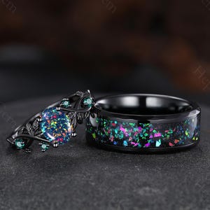 Black Opal Couple Ring Set His and Hers Matching Wedding Band Fire Opal Ring Unique Engagement Rings for Couples Colorful Tungsten Rings