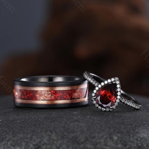 Gotische granaat paar ring sets voor hem en haar bijpassende trouwring peervormige granaat trouwring heren wolfraam ring unieke belofte ringen