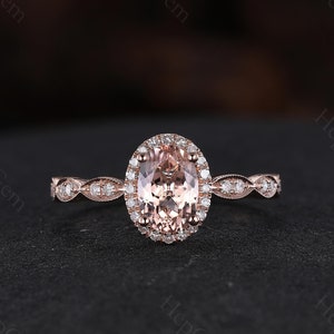 Anillo de morganita vintage de oro rosa de 14 quilates, anillo de compromiso de morganita para mujer, anillo de bodas de morganita ovalada, regalo de aniversario y cumpleaños para ella