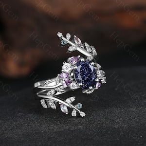 Oval Cut Blue Sandstone Engagement Ring Set Birthstone Amethyst natural Ring Leaf Twig Branch Vine Nature Inspired 2pcs Bridal Ring Set