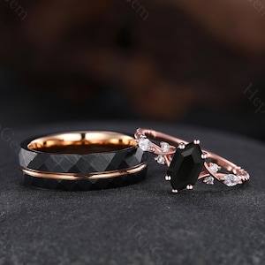 Set di anelli di fidanzamento in onice nero, anelli di coppia in onice nero, anelli per lui e per lei, anelli da sposa in tungsteno da uomo, regali di anniversario, anelli di promessa per coppie
