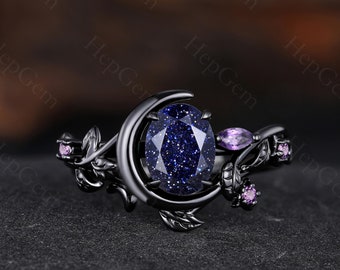 Natural Blue Sandstone Ring Set Moon Star Design Vintage Oval Sandstone Engagement Ring Leaf Sapphire Dainty Wedding Ring Gift for Her