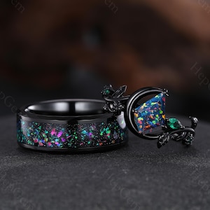 Gothic Black Opal Couple Ring Set His and Hers Matching Wedding Band Moon Design Engagement Ring Promise Ring Birthstone Ring Gift For Her