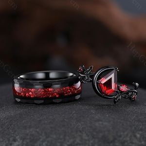Gotische granaat paren ring set voor hem en haar bijpassende trouwring maan ontwerp verlovingsring zwarte wolfraam paren ring jubileum geschenken