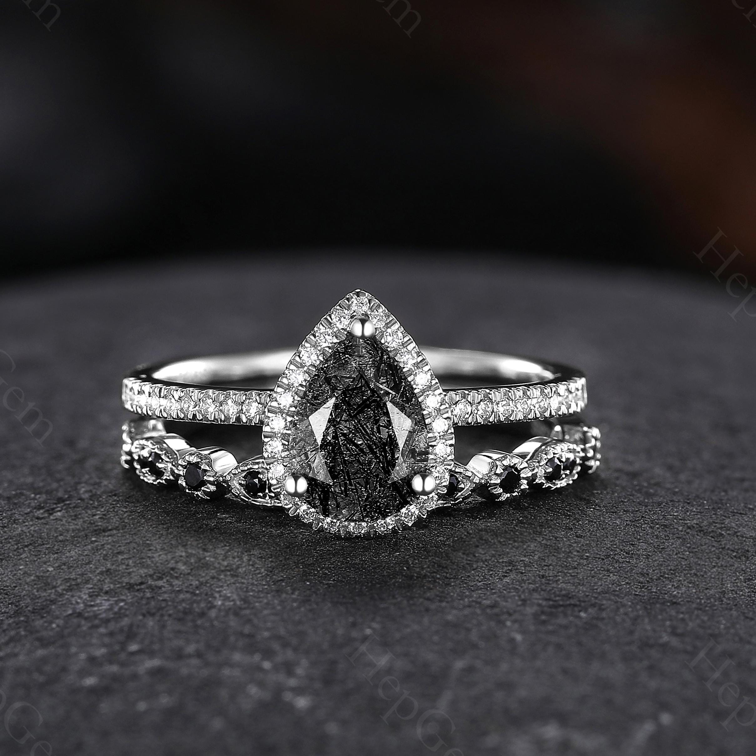Black Diamond Engagement Ring Vintage Black Rutilated Quartz Engagement Ring Set Rings for Women Pear Bridal Ring Anniversary Gift for Her