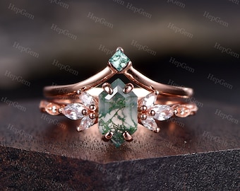 Retro Long Hexagon Moss Agate Engagement Ring Set Silver Rose Gold Marquise Moissanite Bridal Cluster Ring Women Promise  Anniversary Ring