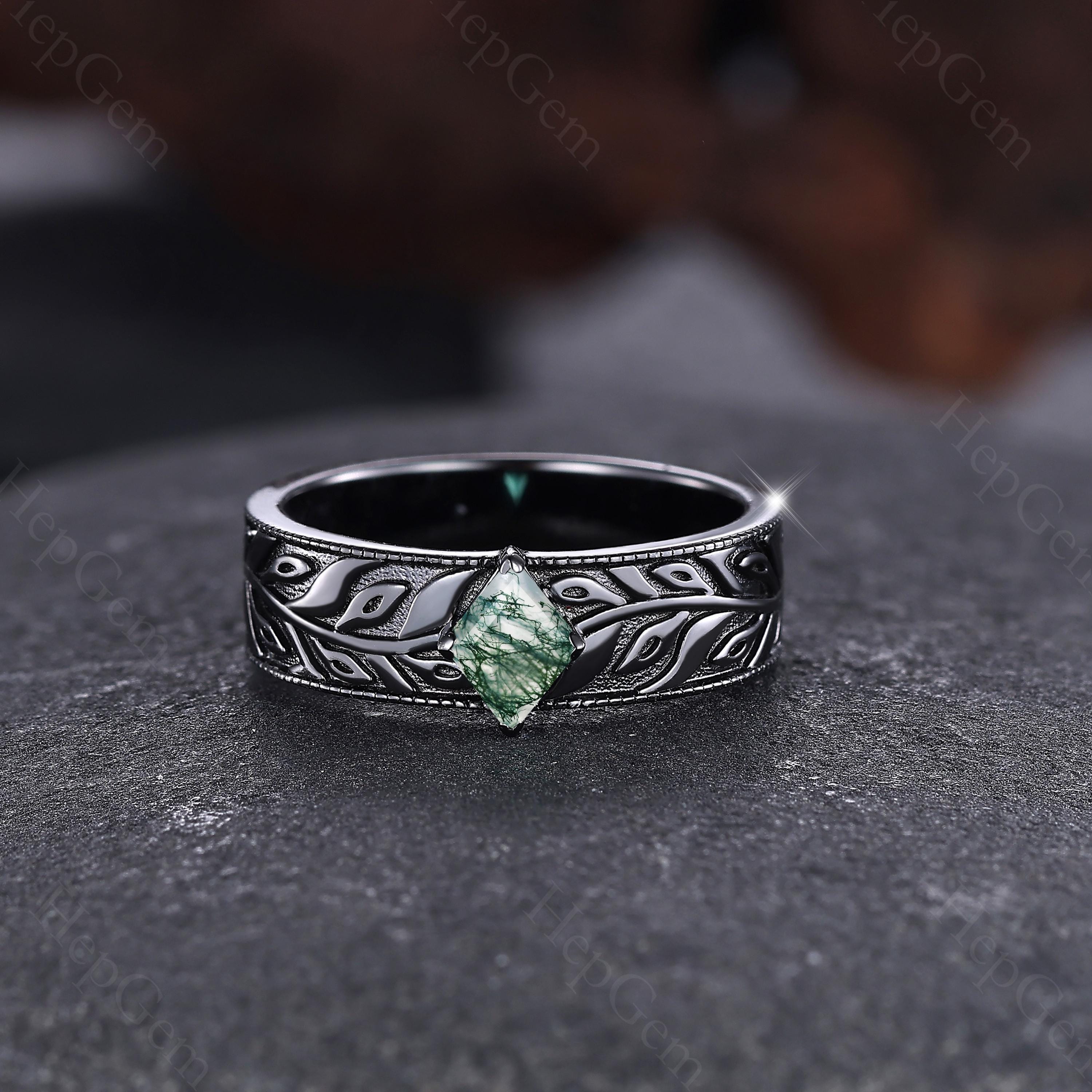 Gothic Black Gold Moss Agate Male Leaf Ring, Nature Inspired Leaf