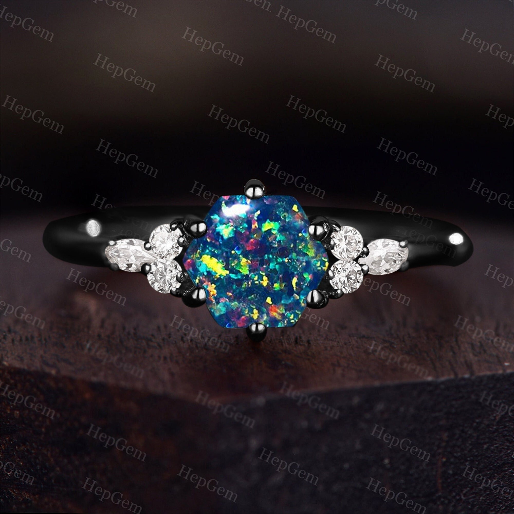 Natural Black Opal Ring Black Gold Black Opal Ring Moissanite Ring Black Fire Opal Ring Hexagon Black Opal Ring- October Birthstone Ring
