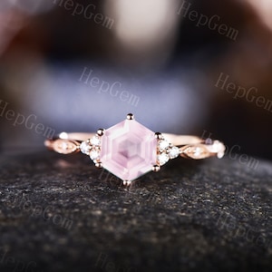 Hexagon Cut Rose Quartz Ring,Crystal Engagement Ring,Rose Gold Bridal Ring,Wedding Ring,Micro Pave Anniversary Ring,Birthstone Gift Ring
