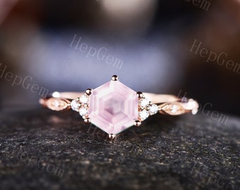 Hexagon Cut Rose Quartz Ring,Crystal Engagement Ring,Rose Gold Bridal Ring,Wedding Ring,Micro Pave Anniversary Ring,Birthstone Gift Ring