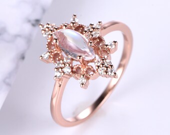 Antique Marquise Rainbow Moonstone Engagement Ring/Vintage Bridal Ring/Stack Band/Rose Gold Birthstone Ring/Anniversary Ring/Gift For Her