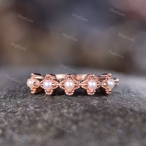 Antique Pearl Wedding Ring Vintage Birthstone Ring Promise Wedding Band 14K Rose Gold Half Eternity Anniversary Stack Ring Gift For Her
