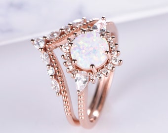 Opal Engagement Wedding Ring Set/Rose Gold Vintage Birthstone Ring Set/Bridal Anniversary Diamond Wedding Set/Anniversary Gift for her