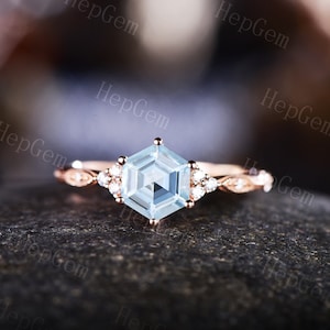 Hexagon Cut Aquamarine Engagement Ring,Rose Gold Maruise Half Eternity Anniversary Ring,March Birthstone Aquamarine Ring,Promise Ring Gift