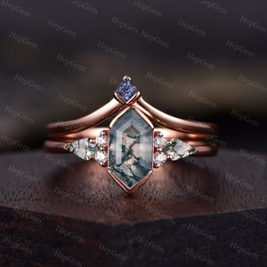 Natural Moss Agate Wedding Ring Set Hexagon Moss Agate Engagement Ring Color Changed Alexadnrite Anniversary Ring Women Curved Wedding Band
