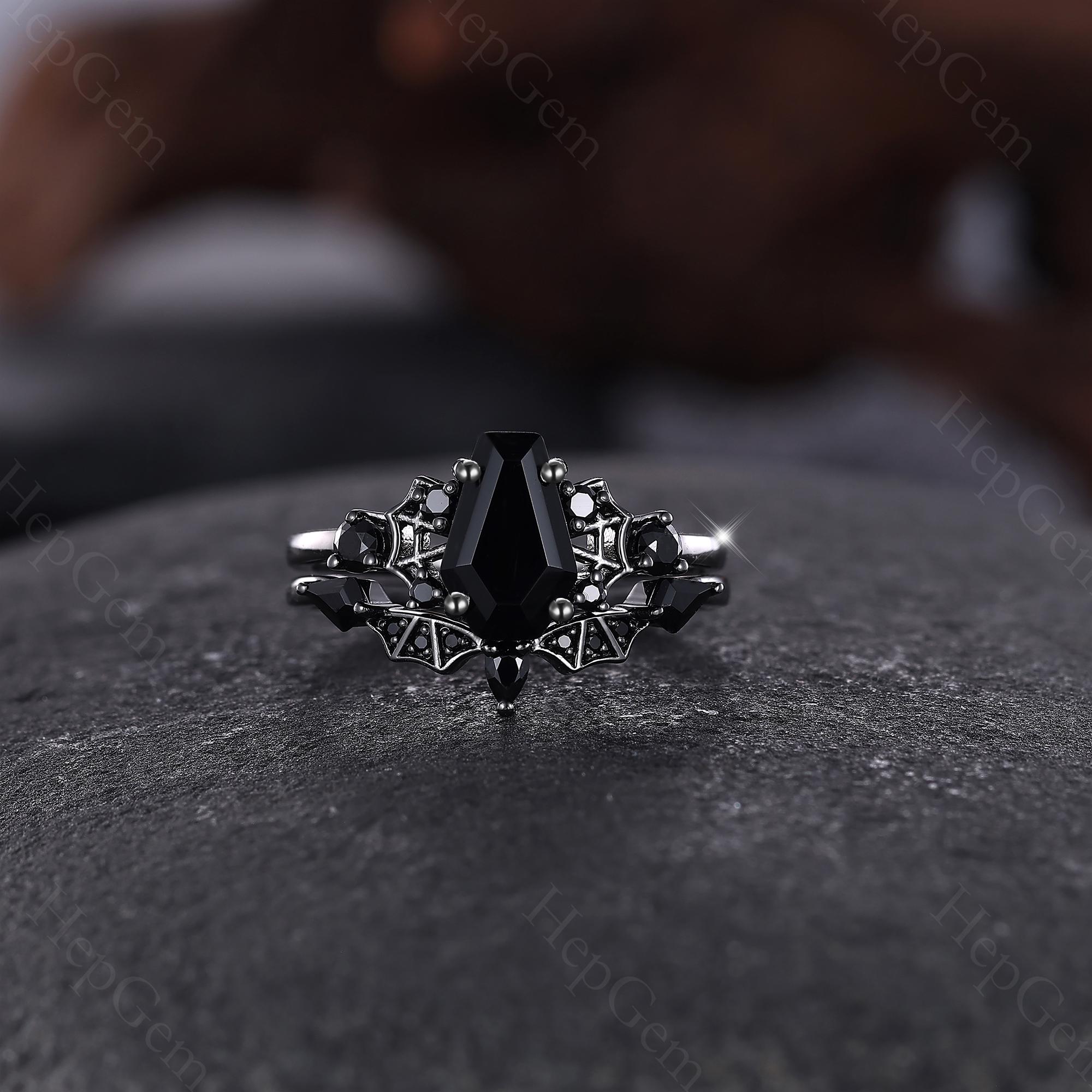Spider Web Coffin Black Onyx Ring Set Black Gold Gothic Wedding