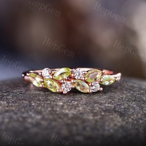 Marquise Peridot Stack Wedding Ring,Half Eternity Diamond Stack Band,Rose Gold Anniversary Ring,Bridal Birthstone Ring,Ring Gift For Her