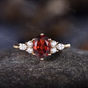 Garnet Engagement Ring,Rose Gold Art Cluster Diamond Anniversary Ring,January Birthstone,Stack Wedding Ring,Half Eternity,Promise Ring Gift