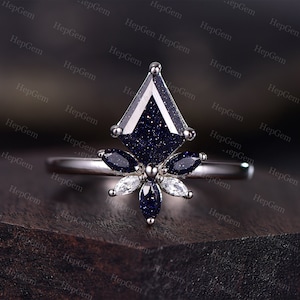 Galaxy Kite Shaped Blue Sandstone Engagement Ring Retro Marquise Blue Sandstone Cluster Stacking Band,Silver White Gold Women Sandstone Ring