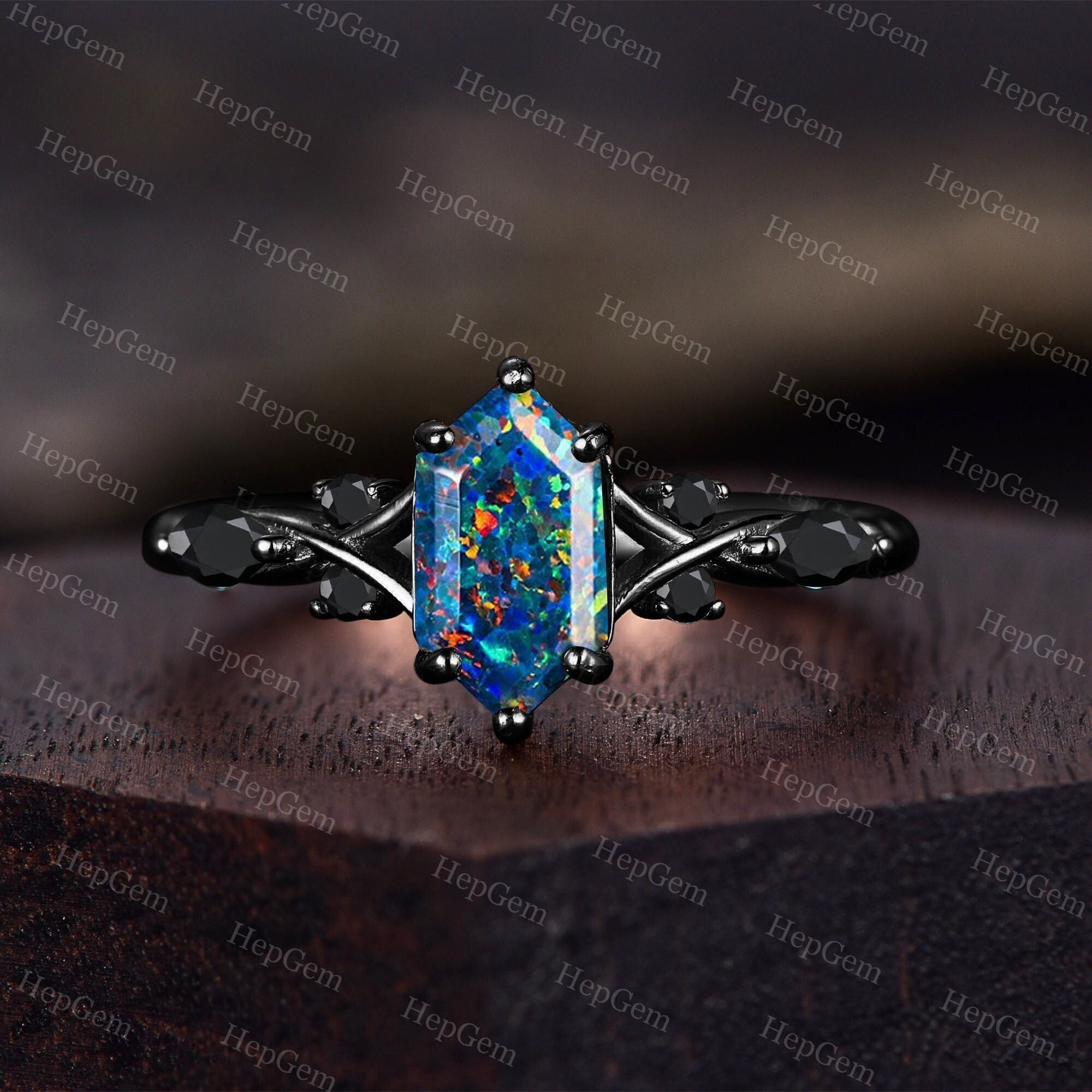 Hexagon Black Opal Ring Natural Black Opal Ring Gothic Black Opal Engagement Ring Fire Opal Ring October Birthstone Ring Gift for Women
