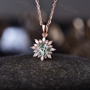 Vintage Green Moss Agate Necklace, Round Green Moss Agate Pendant, Moss Agate Pendant for Women, Rose Gold Bridal Moissanite Pendant