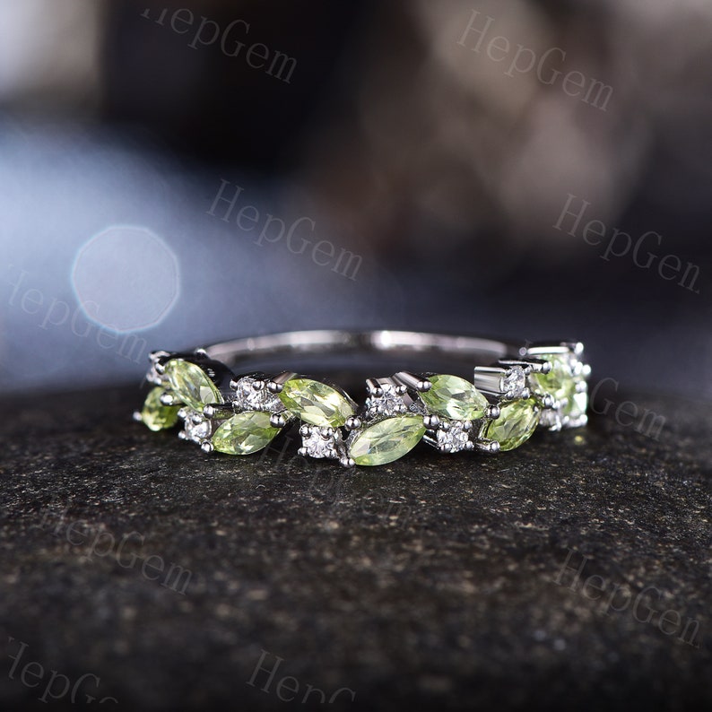 Marquise Peridot Stack Wedding Ring Half Eternity Diamond Stack Band 14K Rose Gold Anniversary Ring Bridal Birthstone Ring Gift For Her 