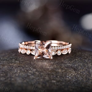 Vintage Princess Cut Morganite Engagement Ring Set Rose Gold Anniversary Ring Bridal Ring Half Eternity Band Marquise Morganite Ring Set 2pc