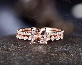 Juego de anillos de compromiso vintage de morganita con corte princesa, anillo de aniversario de oro rosa, anillo nupcial, anillo de media eternidad, juego de anillos de morganita marquesa de 2 piezas